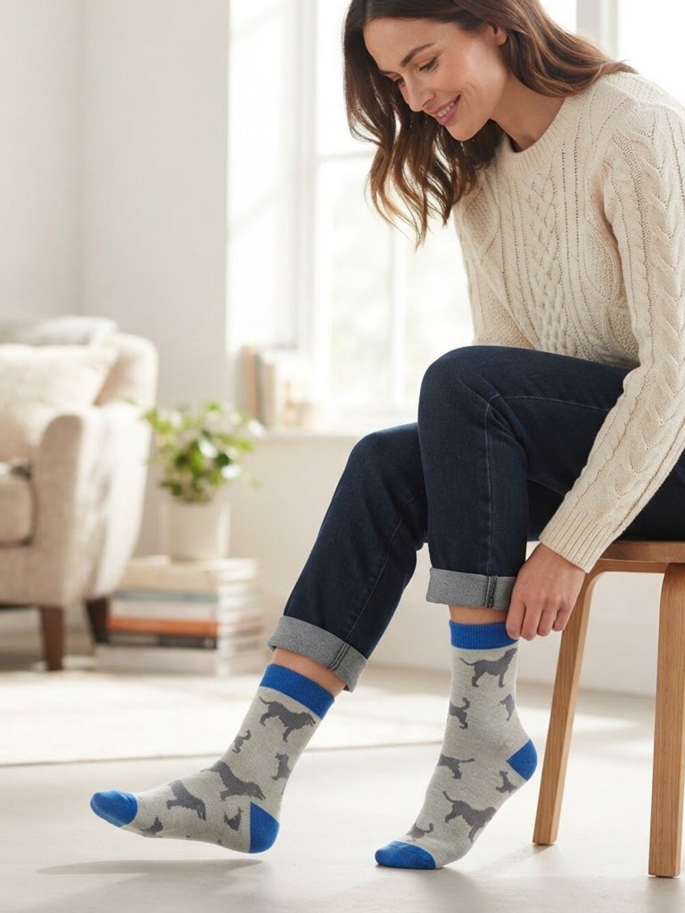 Dog Patterned Blue and Gray Labrador Crew Socks Women One Size